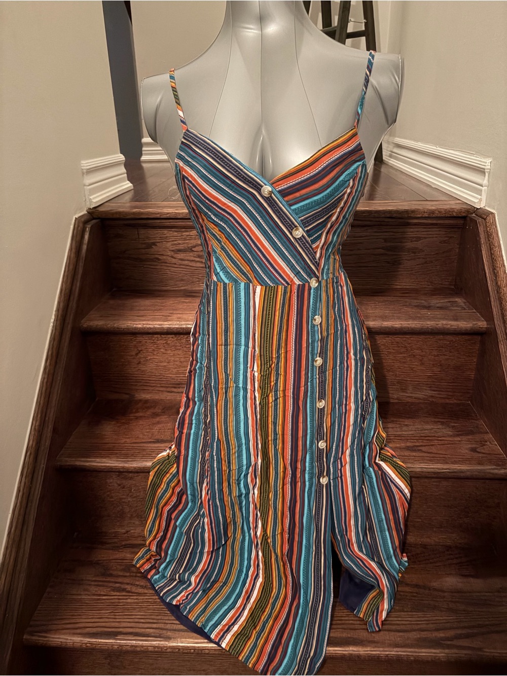 Cozy Casual Teal Orange Multi-Stripe Midi Dress